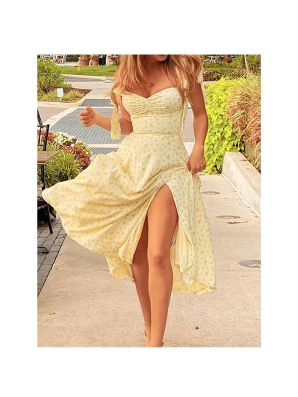 Floral Print Tie Shoulder Slit Midi Dress